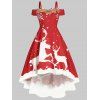 Robe Haute Basse Cerf de Noël à Epaule Dénudée à Paillettes - Rouge XL
