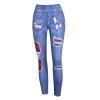Legging Moulant à Carreaux 3D Déchiré Imprimé - Bleu Toile de Jean 2XL