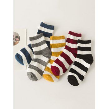 

5 Pairs Two Tones Striped Socks Set, Multicolor a