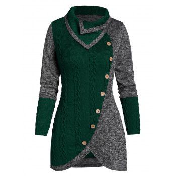 

Button Two Tone Turn-down Collar Sweater, Deep green