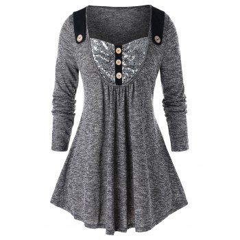 

Plus Size Sequined Mock Button Long Sleeve Tee, Gray