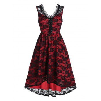 

Sleeveless Lace-up High Low Flower Lace Dress, Black
