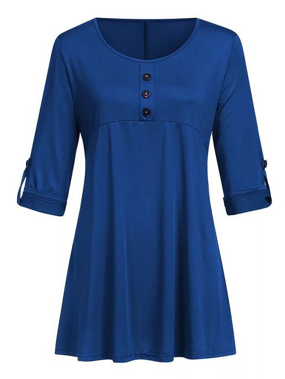 T-shirt Boutonné Grande Taille à Manches Roulées - Bleu 3X