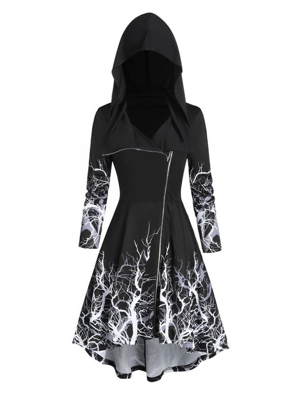 Manteau à Capuche d'Halloween Haut Bas Arbre Imprimé - Noir XL