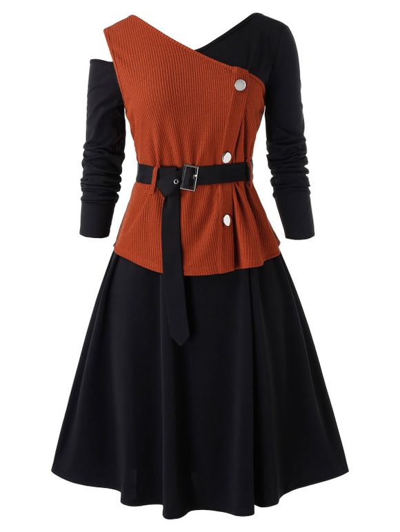 Robe Mi-Longue Grande Taille à Col Oblique avec Débardeur Ceinturé - Noir 2X