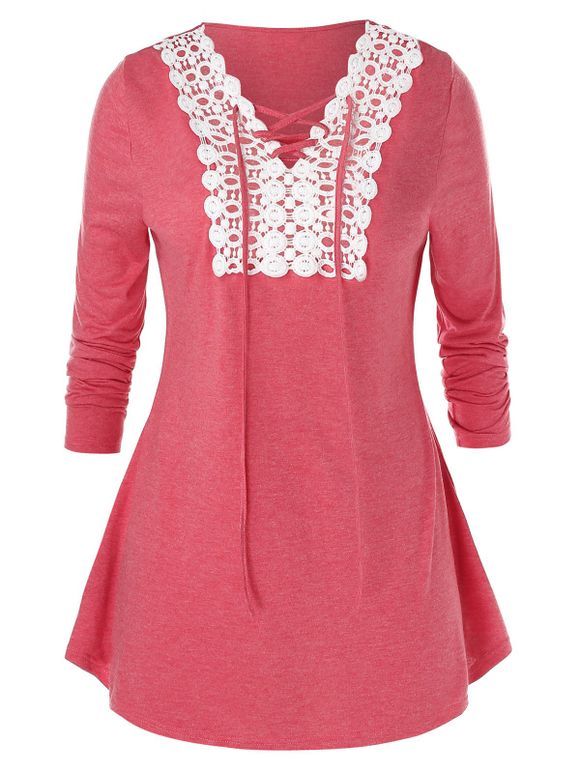 Plus Size Lace Up Crochet T Shirt - WATERMELON PINK 5X