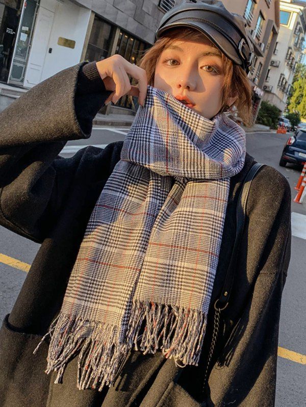 

Plaid Pattern Tassel Warm Scarf, Gray