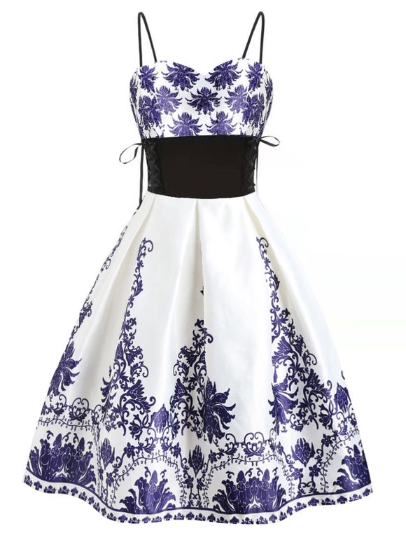 Robe de Soirée Imprimée Taille Empire à Lacets - Blanc S