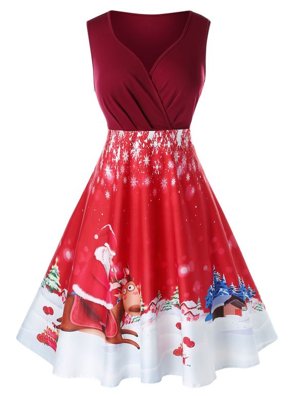 Robe de Noël Vintage Imprimée de Grande Taille Années 1950s - Rouge 5X