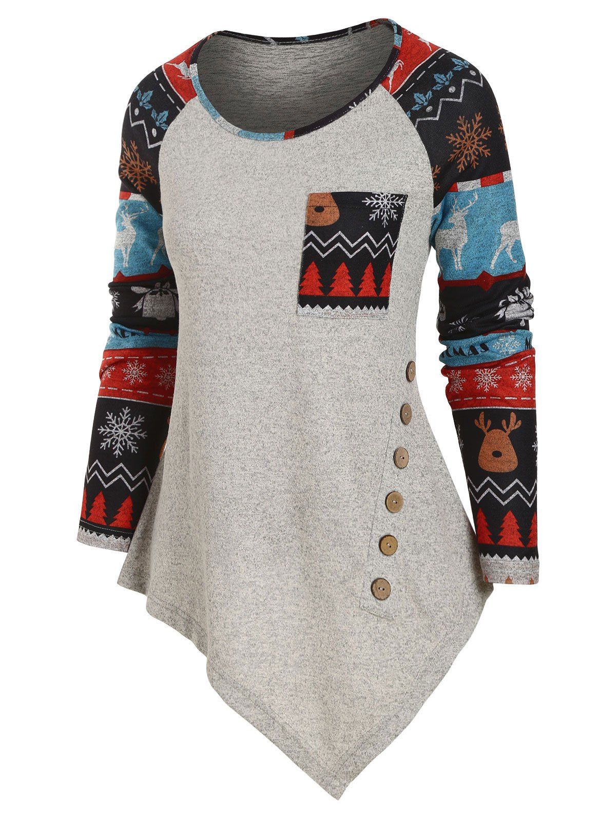 Christmas Elk Pocket Raglan Sleeve Asymmetrical Knitwear - GRAY 2XL