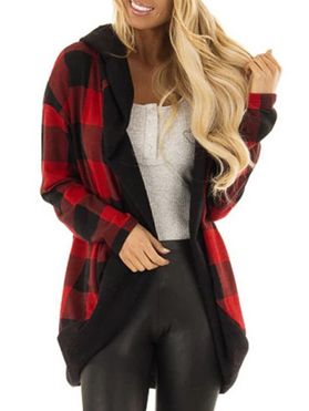 Hooded Plaid Open Cardigan