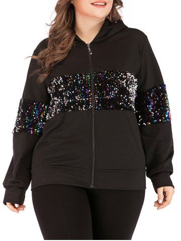 Zip Up Colorful Sequined Cat Hood Plus Size Hoodie