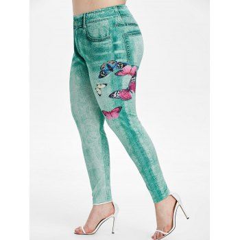 

Plus Size High Waist Butterfly Print Skinny 3D Jeggings, Macaw blue green