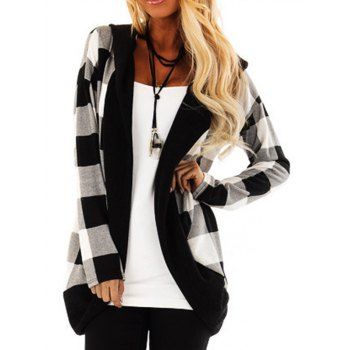 

Hooded Plaid Open Cardigan, Black