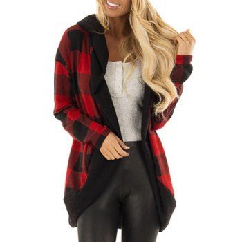 

Hooded Plaid Open Cardigan, Red wine