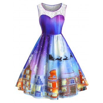 

Plus Size Christmas Castle Print Vintage Swing Dress, Silk blue