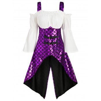 

Mermaid Scales Print High Low Back Slit Plus Size Blouse, Purple
