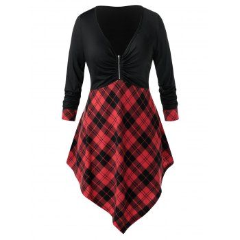 

Plus Size Asymmetrical Plaid Zip Long Sleeve Tee, Black