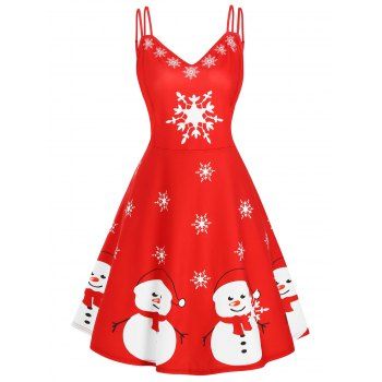 

Snowman Snowflake Print Strappy Christmas Plus Size Dress, Red