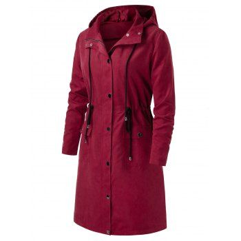 

Plus Size Hooded Drawstring Long Coat, Red wine