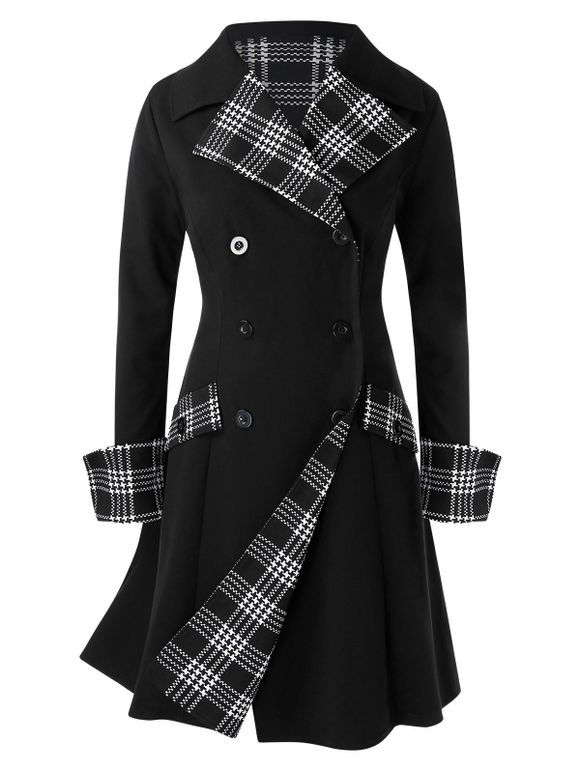 Manteau à Carreau Jointif avec Double Poitrines de Grande Taille - Noir 3X