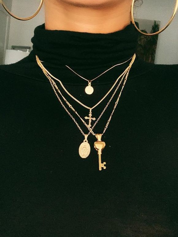 Collier Portrait Pendnat Croix Pendant Superposé - Or 