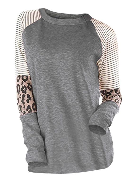 T-shirt Long Léopard Rayé à Manches Raglan - Gris M