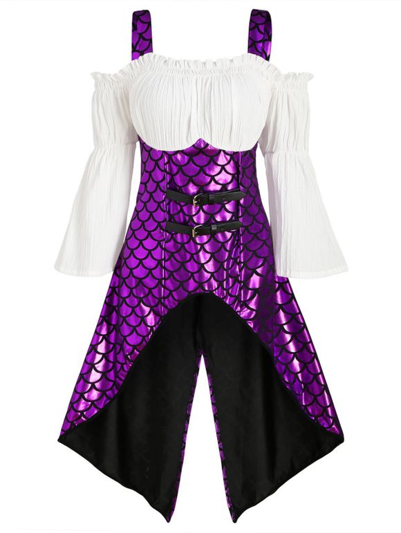 Blouse Ecaille de Sirène Imprimée Haute Basse Fendue au Dos de Grande Taille - Pourpre 4X