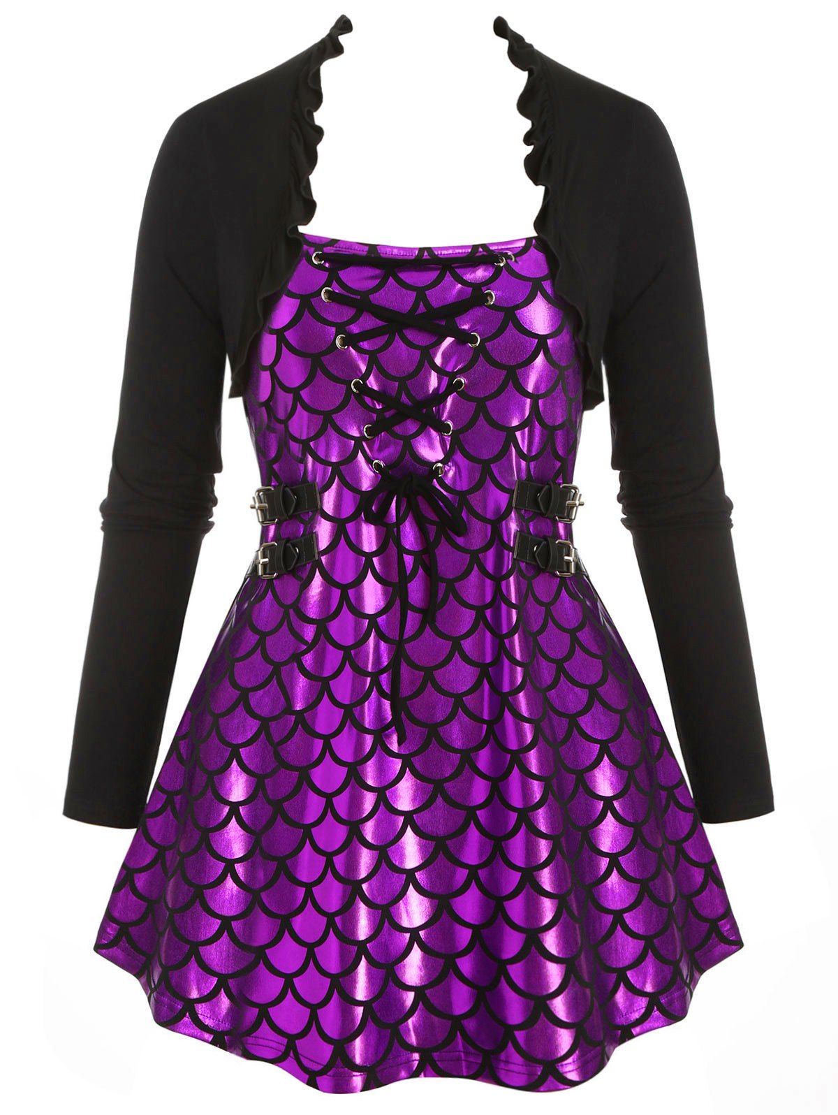 

Mermaid Scales Print Flounces Lace Up Buckle Plus Size Top, Purple