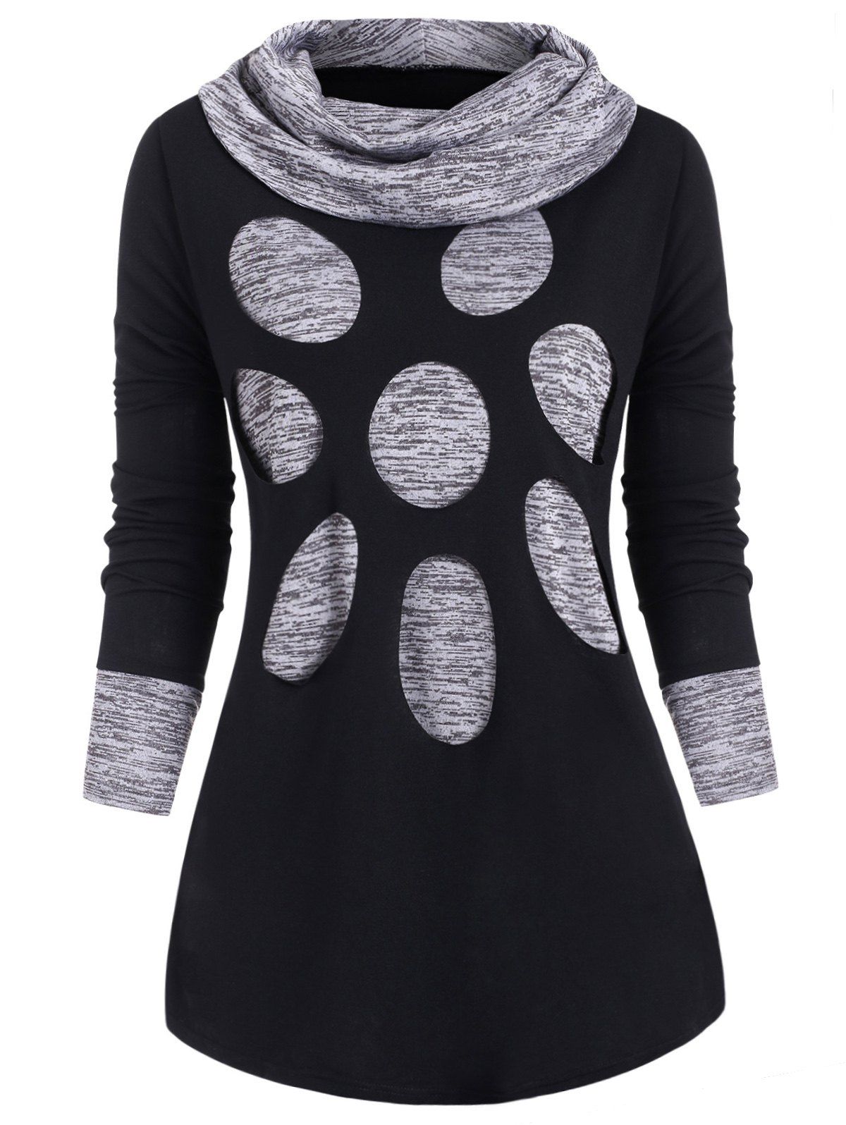 

Plus Size Space Dye Cowl Neck Hollow Out Long Sleeve Tee, Black