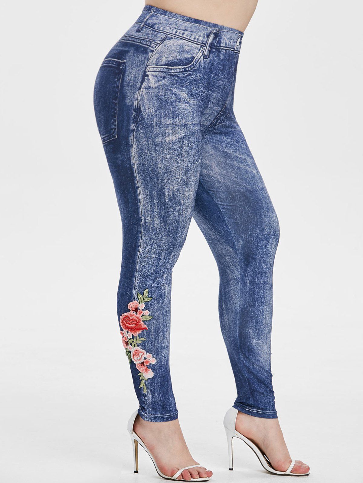 

Floral Applique 3D Printed High Waisted Plus Size Jeggings, Blue