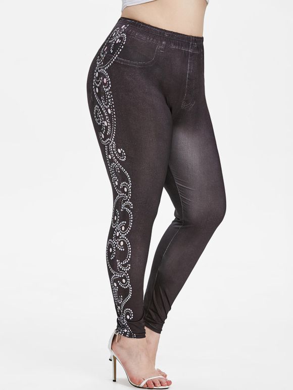 Legging 3D Pois Coloré à Taille Haute de Grande Taille - Noir 4X