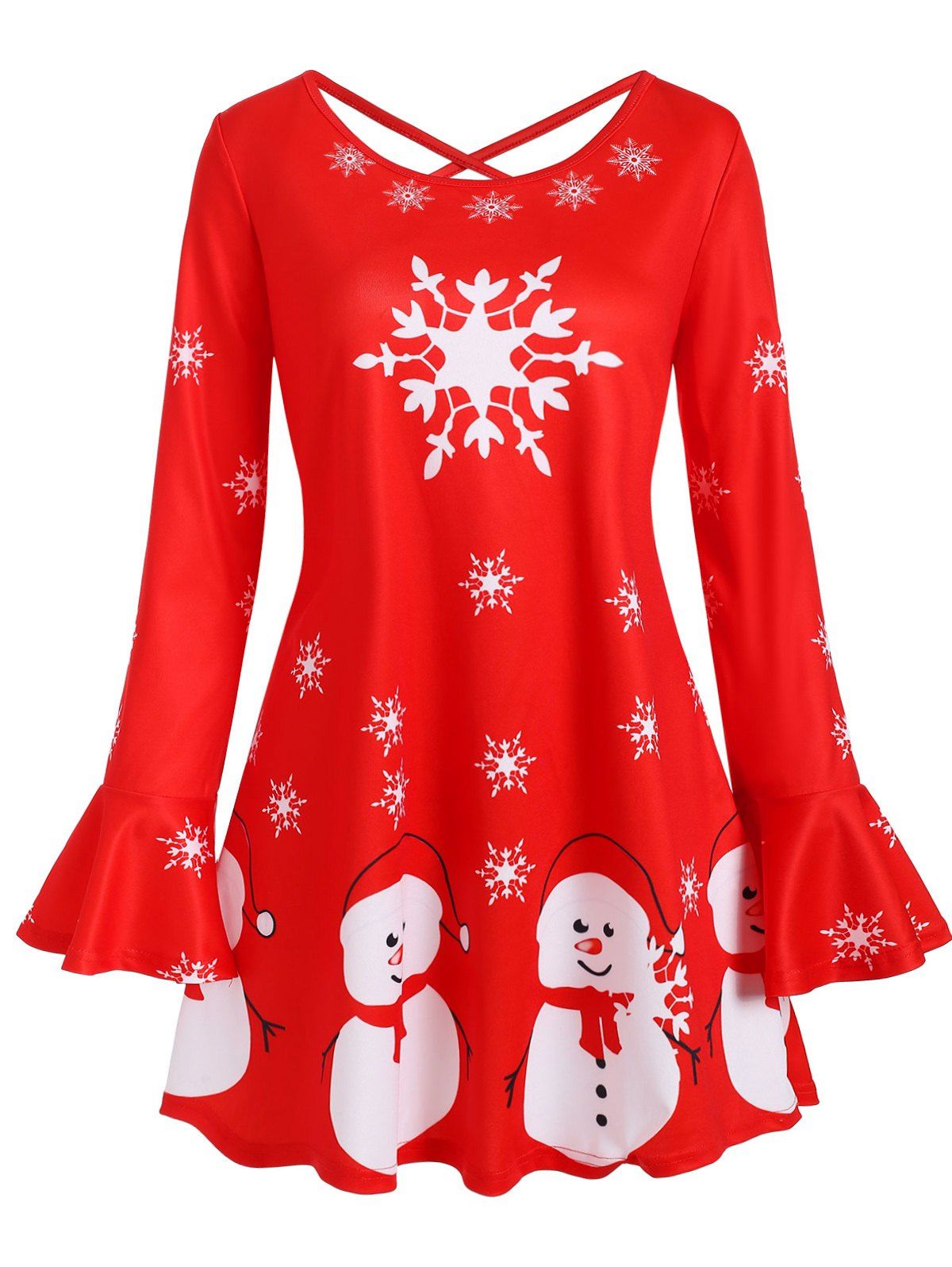 

Snowman Snowflake Print Christmas Criss Cross Flare Sleeve Plus Size Top, Red
