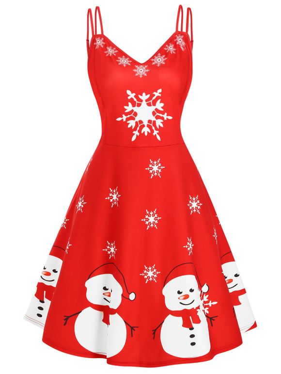Robe de Noël à Bretelle Bonhomme de Neige Flocon de Neige Grande Taille - Rouge 3X