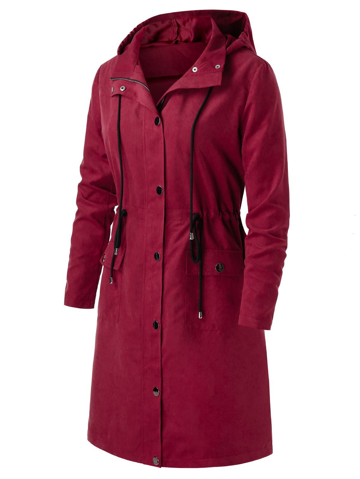 Plus Size Hooded Drawstring Long Coat - RED WINE L