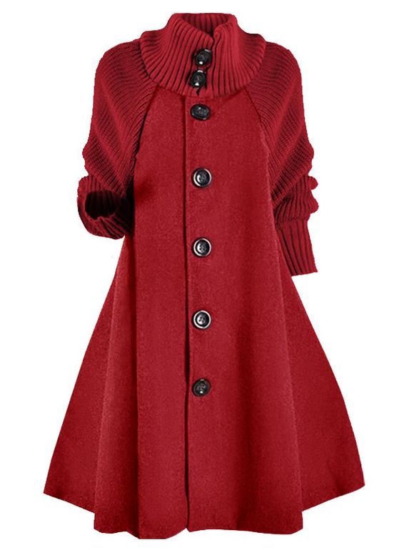 Manteau en Laine Mélangée à Manches Tricotées avec Boutons Grande-Taille - Rouge 3X