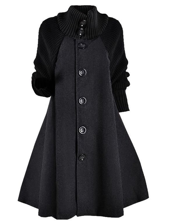 Manteau en Laine Mélangée à Manches Tricotées avec Boutons Grande-Taille - Noir 4X
