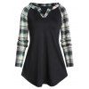 T-shirt à Carreaux Imprimé Manches Raglan à Ourlet Courbe - Noir L