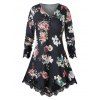 T-shirt Fleuri Imprimé Ourlet en Dentelle de Grande Taille - Noir 2X