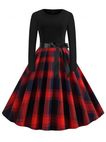 Plaid Long Sleeve Belted Plus Size Vintage Dress