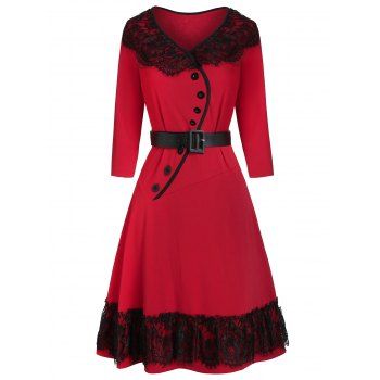 

Buckle Belt Button Lace Patchwork A Line Dress, Red wine