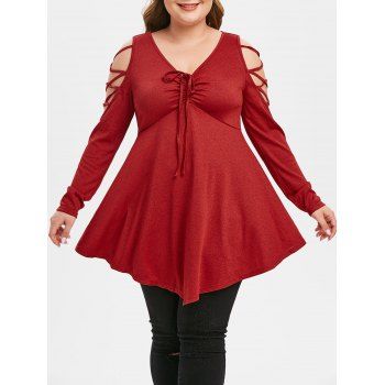 

Plus Size Cinched Criss-cross Cold Shoulder Pointed Hem T-shirt, Cherry red