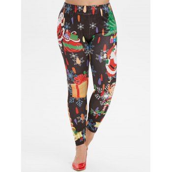 

Plus Size Christmas Snowflake Santa Claus and Tree Print Leggings, Black