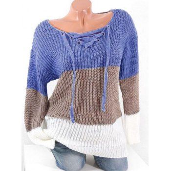 

Plus Size Colorblock Lace Up Chunky Sweater, Blue