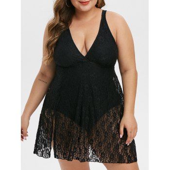 

Slit Skirted Lace Plus Size One-piece Swimsuit, Black