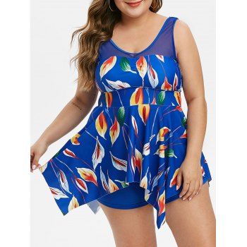 

Plus Size Leaf Print Mesh Panel Asymmetric Tankini Swimsuit, Blue