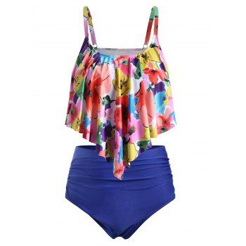 

Plus Size Floral Flounce High Waisted Tankini Swimwear, Navy blue