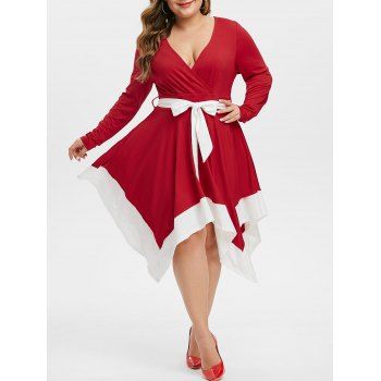 

Plus Size Low Cut Contrast Color Hanky Hem Dress, Red wine