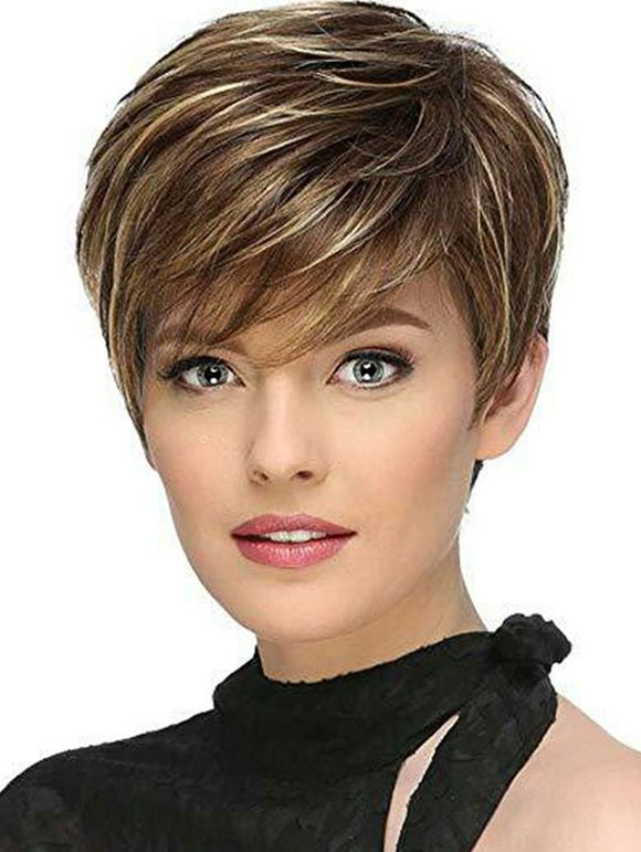 Side Fringe Colormix Short Straight Synthetic Wig - BROWN 