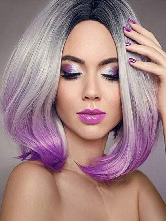 Short Middle Part Straight Ombre Bob Synthetic Wig - MEDIUM ORCHID 12INCH